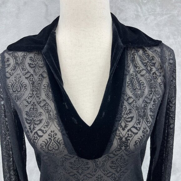 Vintage 90s Sheer Velvet Burnout Bell Sleeve V-Neck Top Hippie Goth - Picture 2 of 10